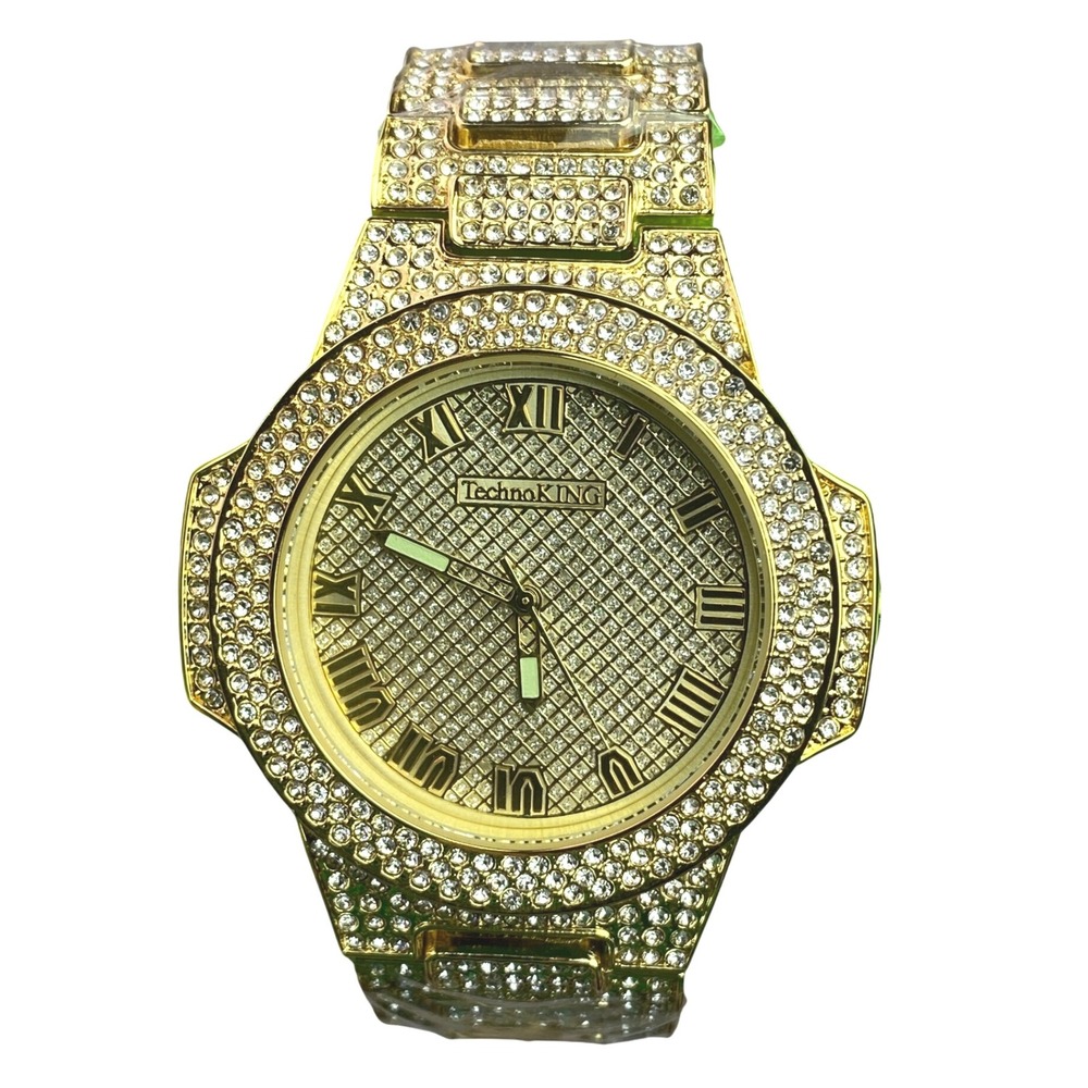 Techno King Watch Mens Iced Hip Hop Crystals Stainless Steel Water‎ Resistant